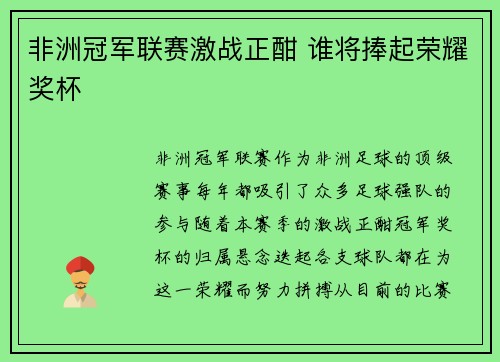 非洲冠军联赛激战正酣 谁将捧起荣耀奖杯